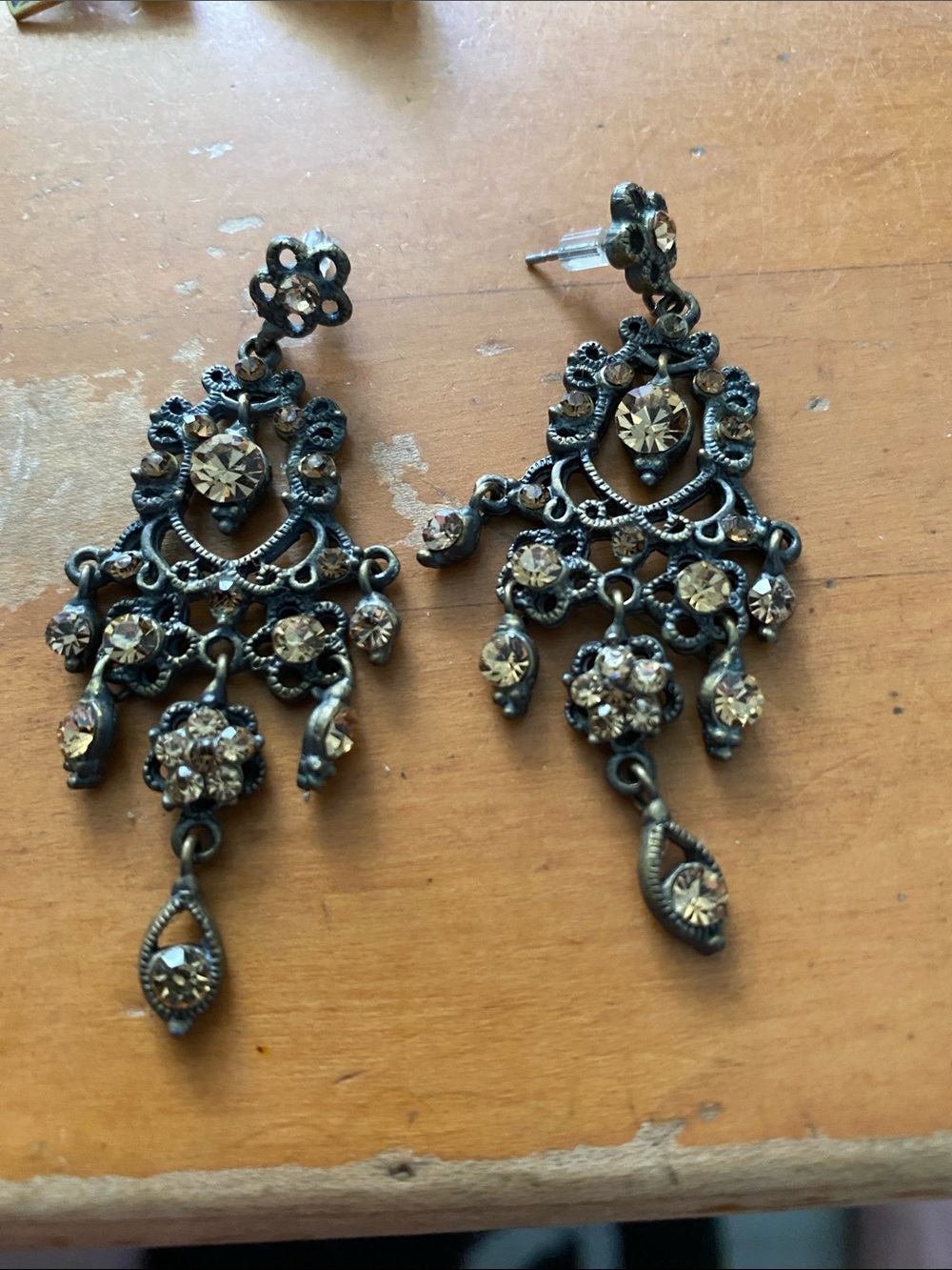 Antique-Style Crystal Chandelier Earrings in Pewter with Champagne Stones